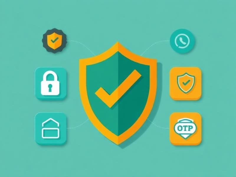 Safety shield with verification badges, OTP code, and secure chat icons